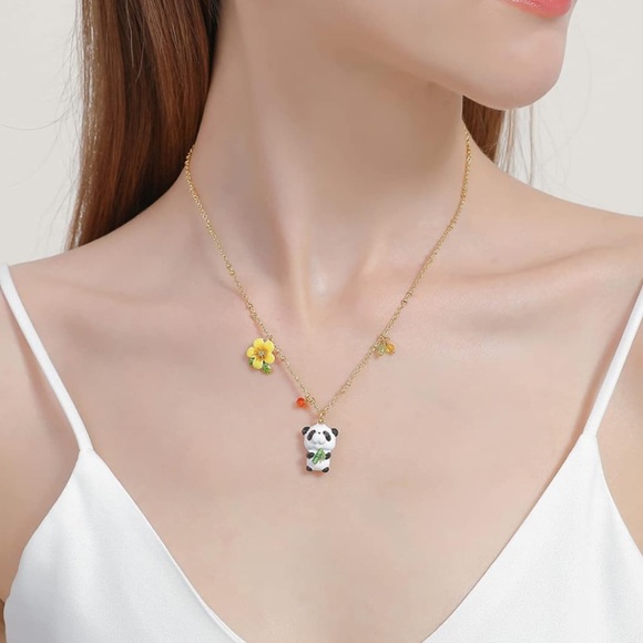 Juicy Grape Panda With Bamboo And Flower Enamel Charm Necklace - Picture 2 of 6